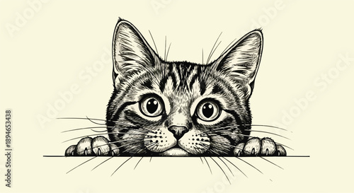 Curious kitten peeking nature sketch illustration art