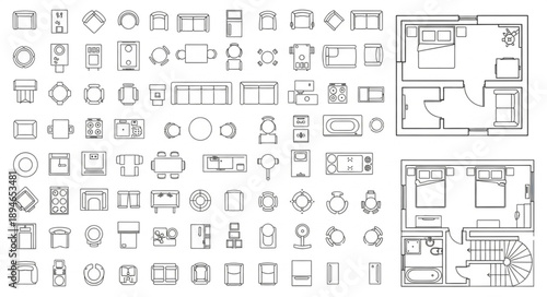 Collection of Architectural Furniture Symbols and Floor Plans.