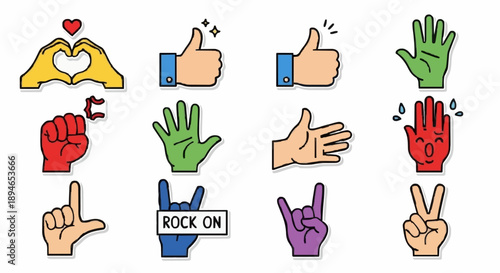 Collection of diverse hand gestures and icons representing communication and emotions.