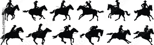 Cowboy riding horse silhouette illustration set, western riders galloping action black vector collection dynamic motion