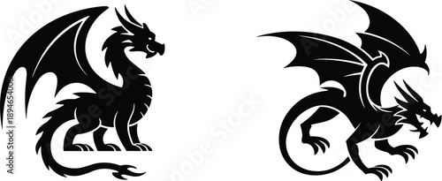 Dragon silhouette illustration set, fantasy winged dragon poses black vector tattoo emblem design