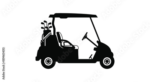 A stark black silhouette of a golf cart with clubs steering wheel and wheels isolated on white background silhouette