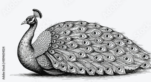 Detailed peacock sitting nature sketch illustration art