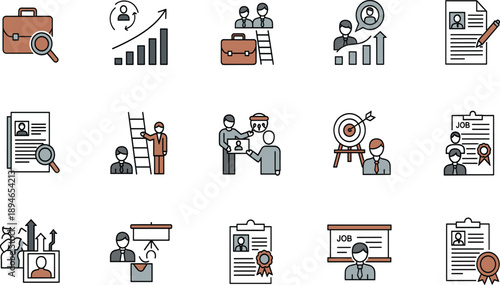 Recruitment and Human Resources Icon Set Featuring Hiring Process, Candidate Evaluation, Career Development, Job Search, HR Analytics, and Professional Workforce Management Concepts.