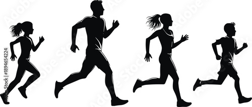 Running people silhouette illustration set, male and female runners jogging fitness sport vector collection design motion activity isolated