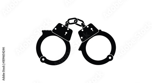 A stark black image depicts a pair of open handcuffs symbolizing restraint and legal justice silhouette high quality