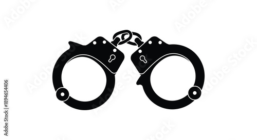 A stark black silhouette of a pair of closed handcuffs represents restriction and law enforcement a powerful silhouette