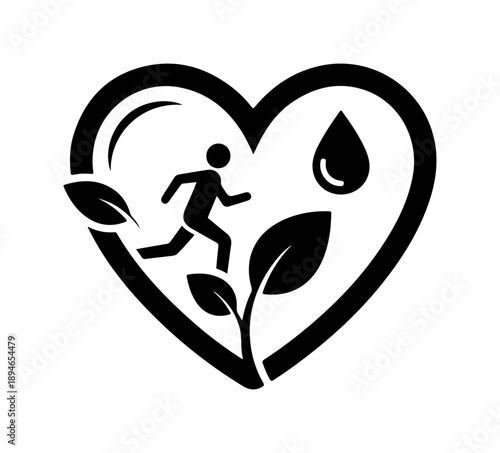 Runner inside a heart shape with a leaf and a drop of water