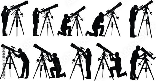 Astronomer telescope silhouettes observing night sky astronomy science stargazing equipment people poses black white vector illustration set