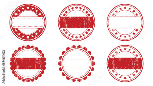 Red vintage grunge label badges with stars and scalloped edges for design