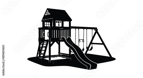 A striking black and white image depicts a children s playset with a slide and swings presented as a silhouette