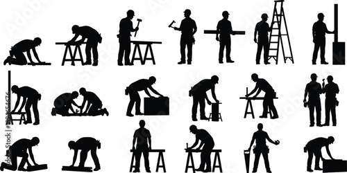 Construction worker silhouettes set showing carpentry building repair tools teamwork industrial labor activities black white vector illustration collection