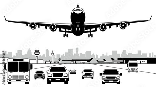 Airplane landing above city airport road with vehicles and buildings  transportation scene