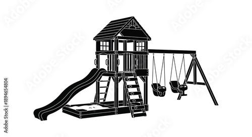A detailed black and white illustration of a wooden playset with a slide and swings silhouette high quality