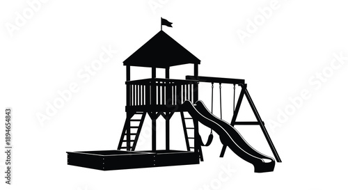 A black silhouette of a wooden playset featuring a tower slide and swings ideal for outdoor fun silhouette