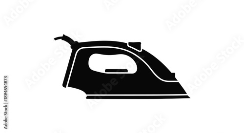 A stark black silhouette of a modern household appliance an iron presented against a white backdrop silhouette