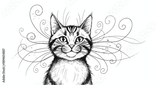 Detailed cat head with swirling whisker art