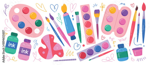 Assortment of Art Supplies Including Paint Palettes Brushes and Ink Bottles vector illustration