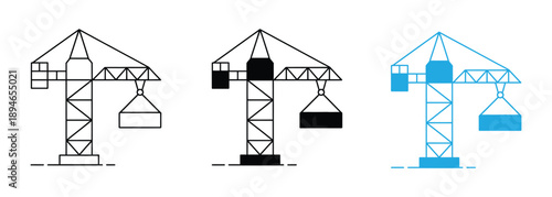 Construction crane icon collection, construction and industry, building crane sign vector set graphics, editable stroke linear icon. Construction cranes in various stages of operation and color. 