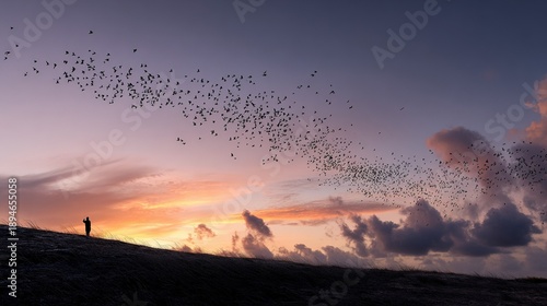 Silhouetted person watching a massive murmuration of starlings fly across a dramatic sunset twilight sky