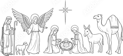 Traditional Christmas nativity scene with baby Jesus, Mary, Joseph, angel, and animals, minimalist black and white line art vector illustration.