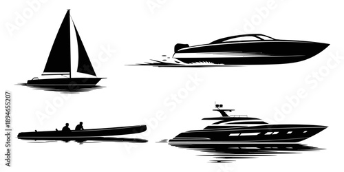 Luxury yacht boats silhouette set in black minimalist style