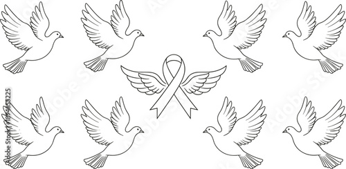 Vector line art set of flying doves and awareness ribbon with wings, minimalist black and white peace and hope illustrations.
