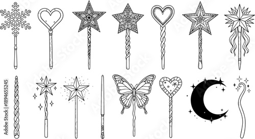 Vector collection of magic wands with stars, hearts, butterflies, and moon, minimalist black and white line art fantasy illustrations.