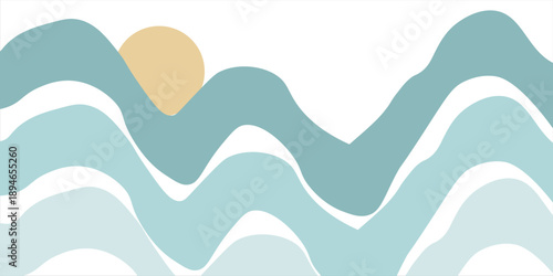 Groovy retro abstract sunset in a sea backgrounds. doodle shapes in trendy naive hippie 60s 70s style. Square wavy vector illustration in yellow colors.