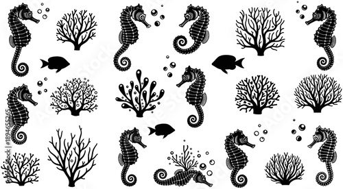 Black and white vector illustration set of seahorses, coral reefs, small fish, and bubbles, minimalist marine life silhouette collection on white.