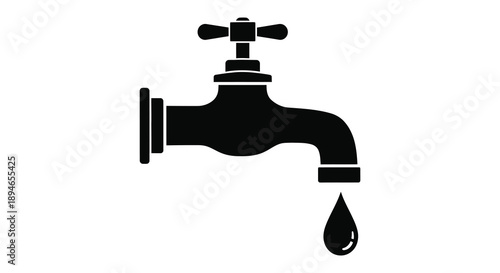 A stark black silhouette of a classic outdoor water faucet with a single droplet falling silhouette high quality