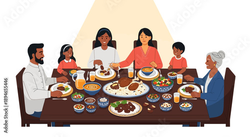 A warm and lively illustration of a multi-generational family sharing a festive meal together on a full dining table during Ramadan, with a bright background.