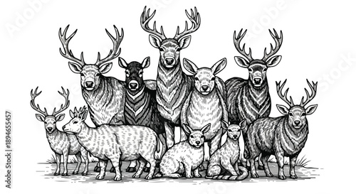 Herd of deer and stags in woodland clearing