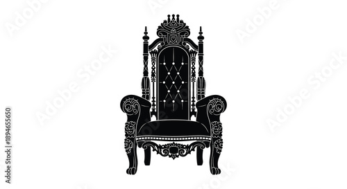 An ornate highly detailed throne chair is presented in a striking black silhouette showcasing regal design elements