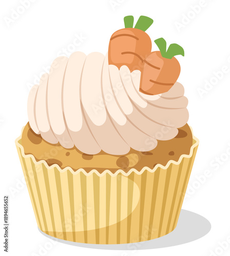 Flat Illustration of Cute Easter Cupcake with Frosting & Mini Carrots on Top. Isolated Festive Dessert for Spring Holidays