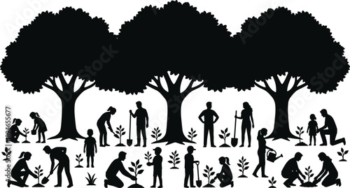 Tree planting community silhouettes with families children gardening together environmental conservation reforestation nature care black white illustration