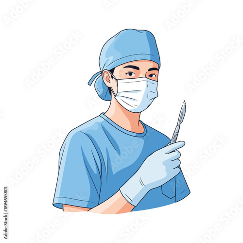 Professional Surgeon Ready for Operation Holding Scalpel Vector Illustration