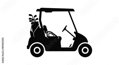 A stark black silhouette depicts a golf cart with a bag and clubs conveying a sense of leisure and sport silhouette