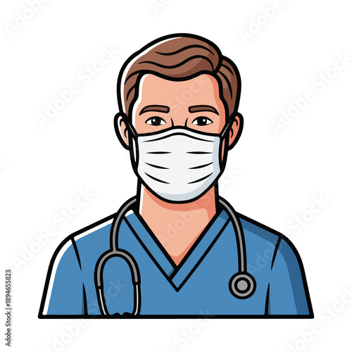 Male Doctor Wearing Mask and Stethoscope Vector Icon
