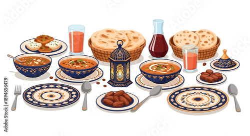 Illustration of a traditional Iftar and Suhoor spread with various dishes, drinks, and a lantern on a dining table, depicting a warm family gathering during Ramadan.