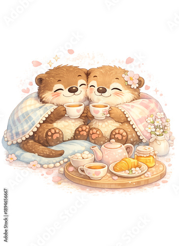 Otters enjoying a cozy tea time