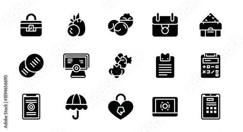 Collection of business and finance icons in black silhouette.