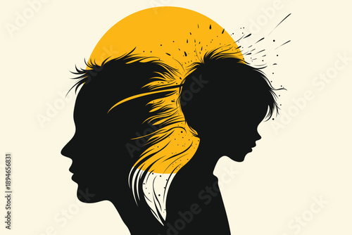 Inner Child Emerging from Woman Profile with Golden Sun Burst