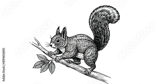Squirrel sitting on tree branch nature sketch