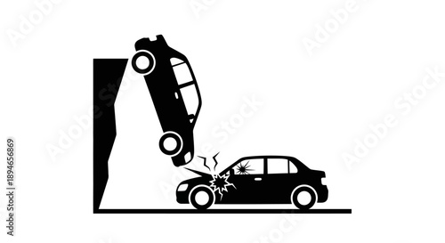 Car accident illustration showing one vehicle falling off a cliff.