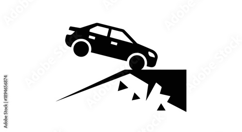 Car driving off a cliff edge danger symbol.