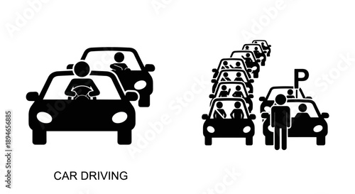 Car Driving Traffic Jam Icon Set.