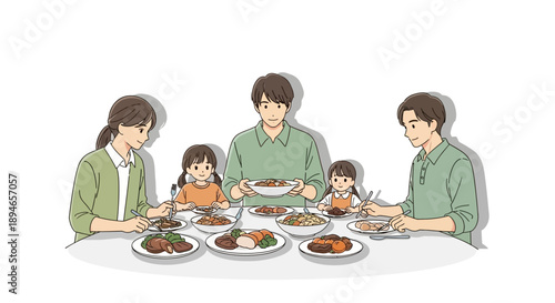 Illustration of a multi-generational family sharing a meal together on a dining table with various dishes during Ramadan, conveying a sense of togetherness and celebration.