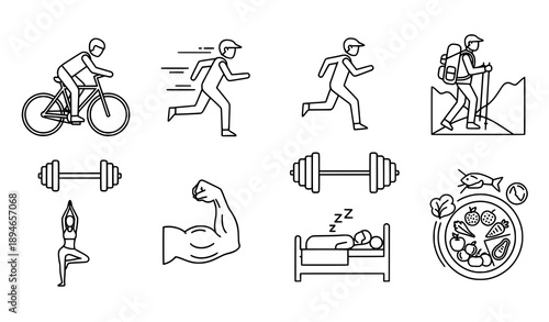 Healthy Lifestyle Line Icons Set – Fitness, Sleep and Nutrition
