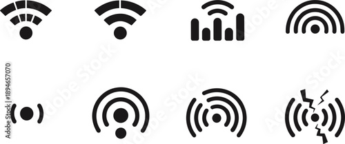 Abstract Wireless Connection and Signal Strength Icon Set with Wifi Symbols, Network Bars, and Data Transmission Waves for Technology Interfaces, Connectivity Apps, and Communication Designs